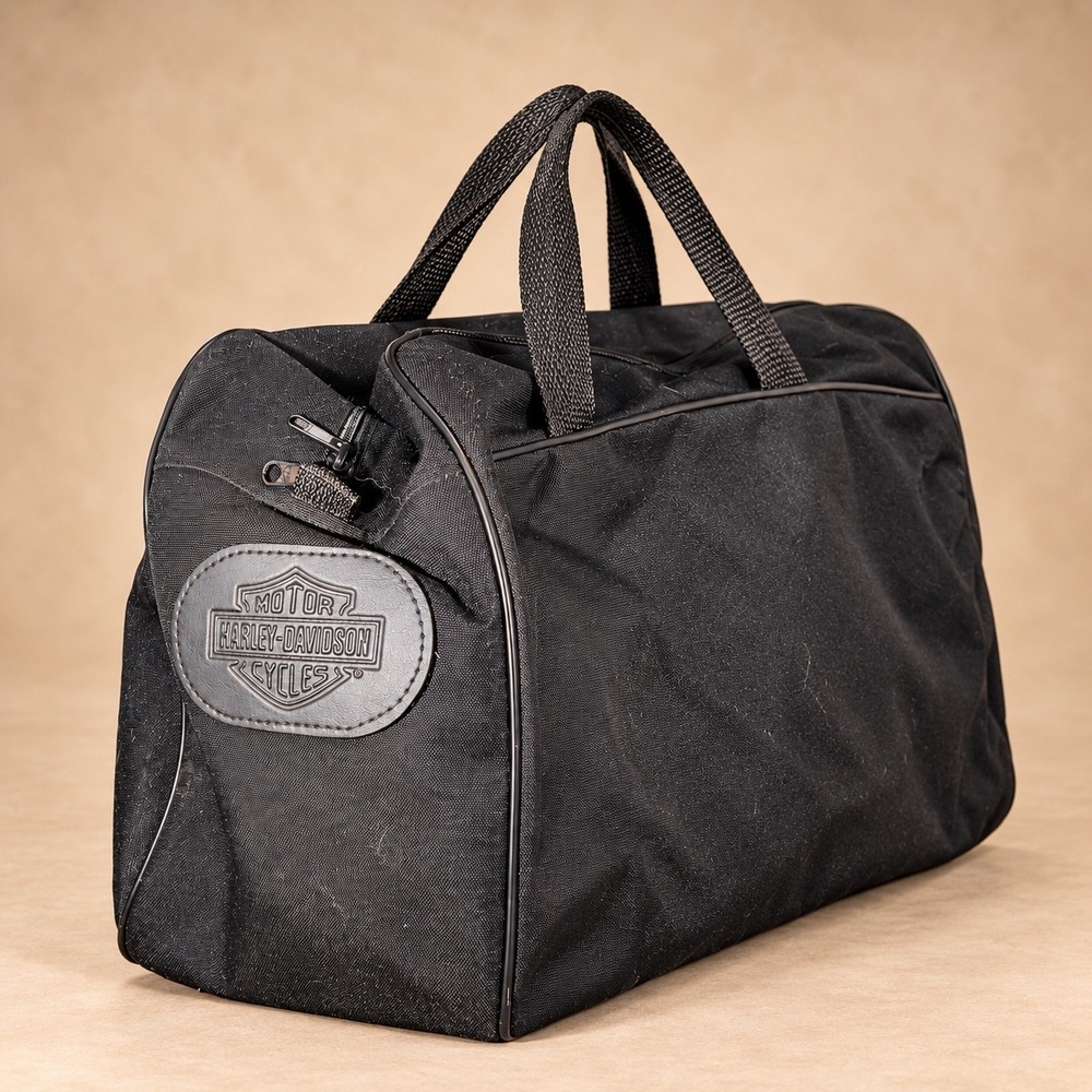 Harley Davidson Black Canvas Duffel Bag Travel Gym Weekend Tote Logo Patch